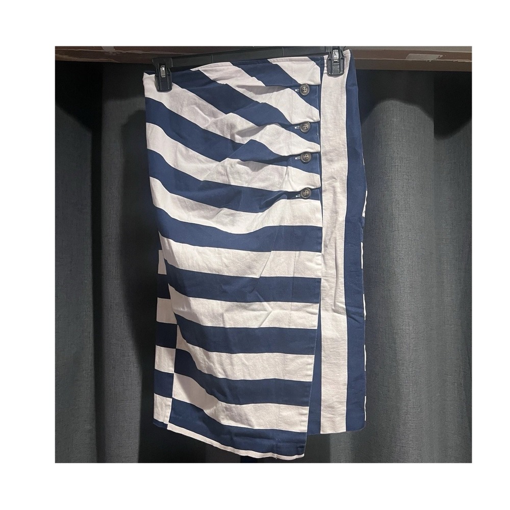 Eva Mendes Navy Blue White Striped Knee Length Skirt Button Size 14 Nautical